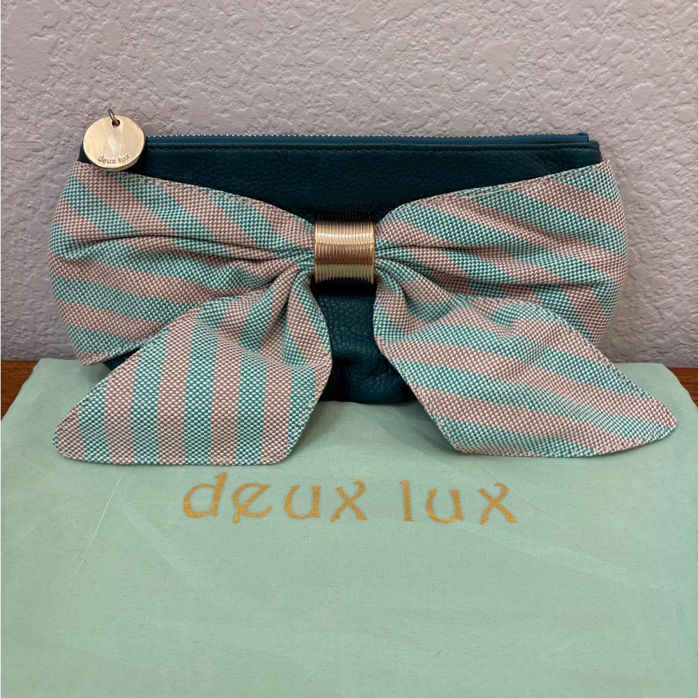 Deux Lux Nordstrom Oversized Bow Clutch with Teal and Tan Stripes